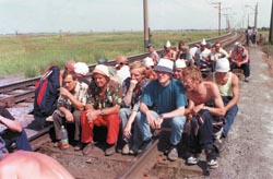 July 30, 1998, Chelyabinsk region, Russia. Miners picketing the Trans-Siberian main railroad